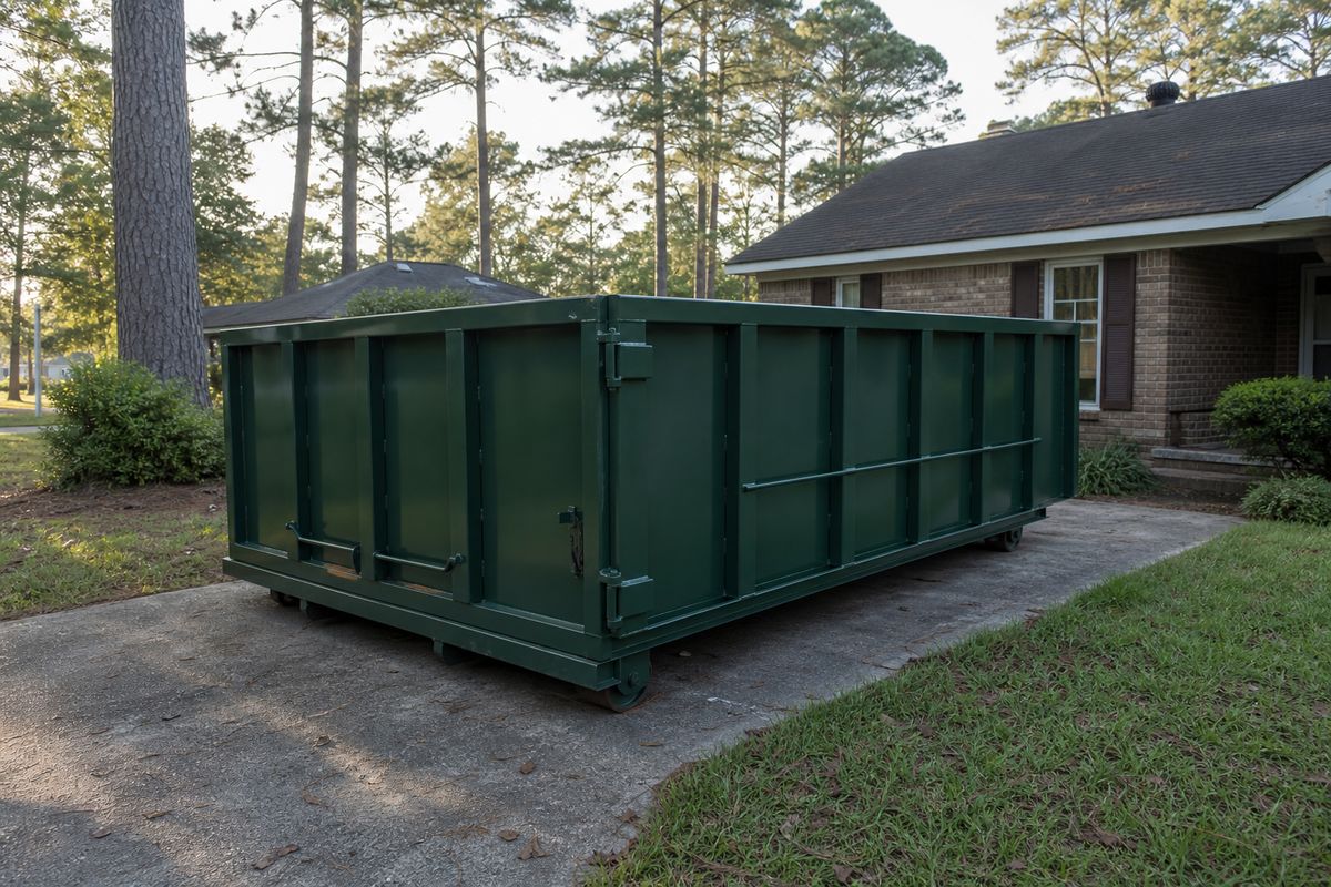 A 20-yard roll-off dumpster delivered on a residential driveway in the Pine Belt